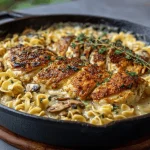 A delicious plate of One-Pan Chicken with Buttered Noodles