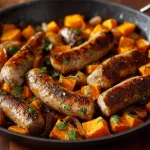 A delicious plate of Sausage and Sweet Potatoes with Honey Garlic Sauce - Meatydelights