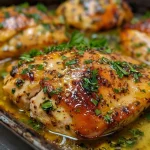 Tender baked chicken breast glistening with garlic butter and spices.