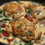 Side view of a delicious creamy Tuscan chicken, showcasing vibrant spinach and sun-dried tomatoes in a rich sauce.