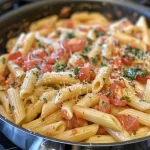 Juicy pasta topped with Parmesan cheese, featuring diced tomatoes and garlic.