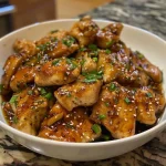 Side perspective of tender chicken thighs dripping with rich honey garlic glaze.