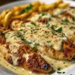 Detailed shot of chicken in a creamy garlic sauce, with red pepper flakes sprinkled on top.