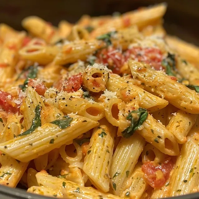 A bowl of creamy tomato garlic pasta garnished with fresh herbs and cheese.