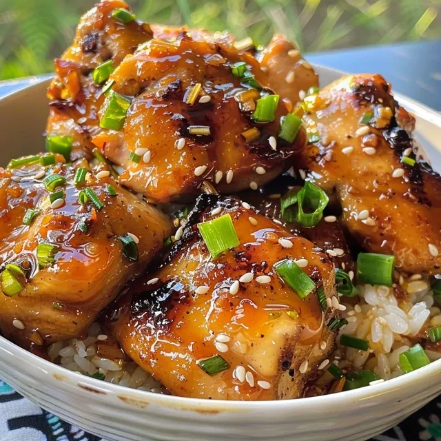 Appetizing plate of honey garlic chicken with garlic cloves and sauce visible.