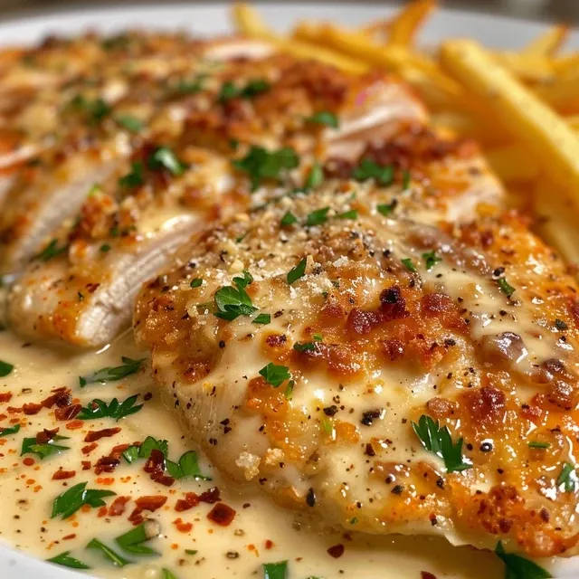 Close-up of golden, crispy chicken fillets served with creamy sauce and fresh parsley garnish.