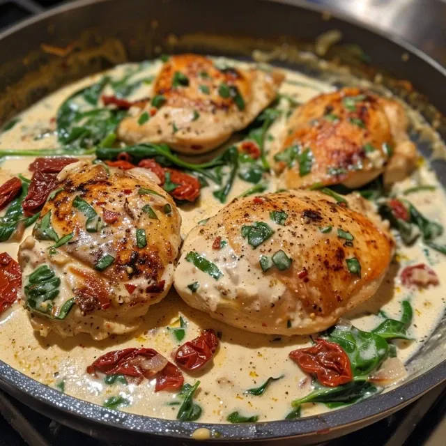 Appetizing close-up of creamy Tuscan garlic chicken, highlighting the juicy chicken and colorful ingredients in a skillet.