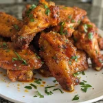 Delicious baked chicken wings with a flavorful coating, served hot.