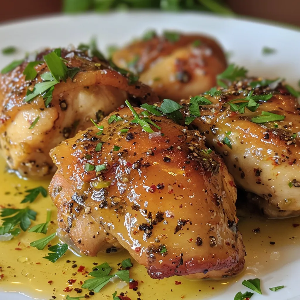 Plate of honey mustard chicken with a golden brown crust and fresh herbs.