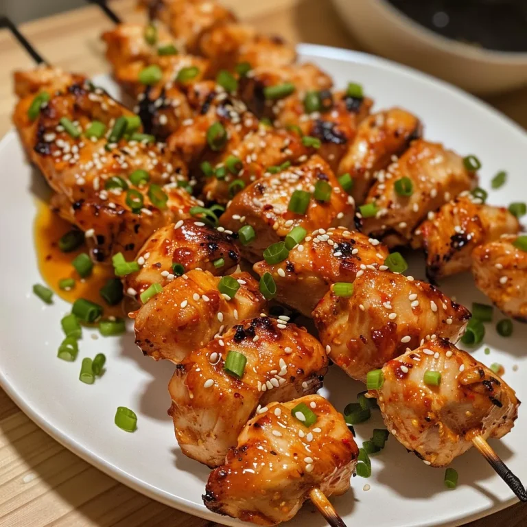Detailed view of tender, marinated chicken chunks on skewers, showcasing vibrant colors and textures.