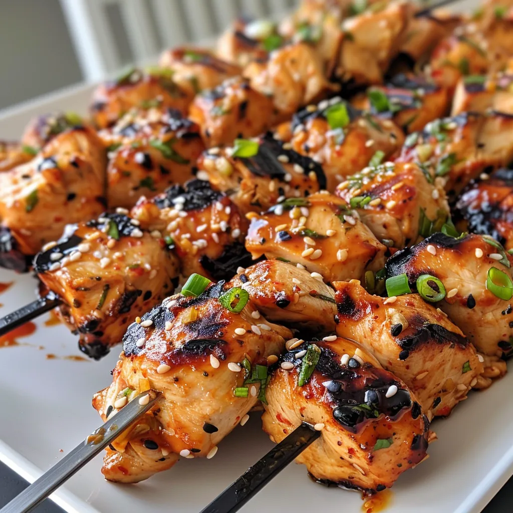 Close-up shot of grilled Bang Bang Chicken Skewers with a glossy finish, set against a rustic background.