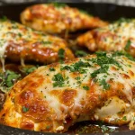 Side view of cheesy baked chicken breasts with a golden crust and fresh herbs.