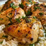 Sizzling chicken thighs on a colorful plate alongside aromatic rice.