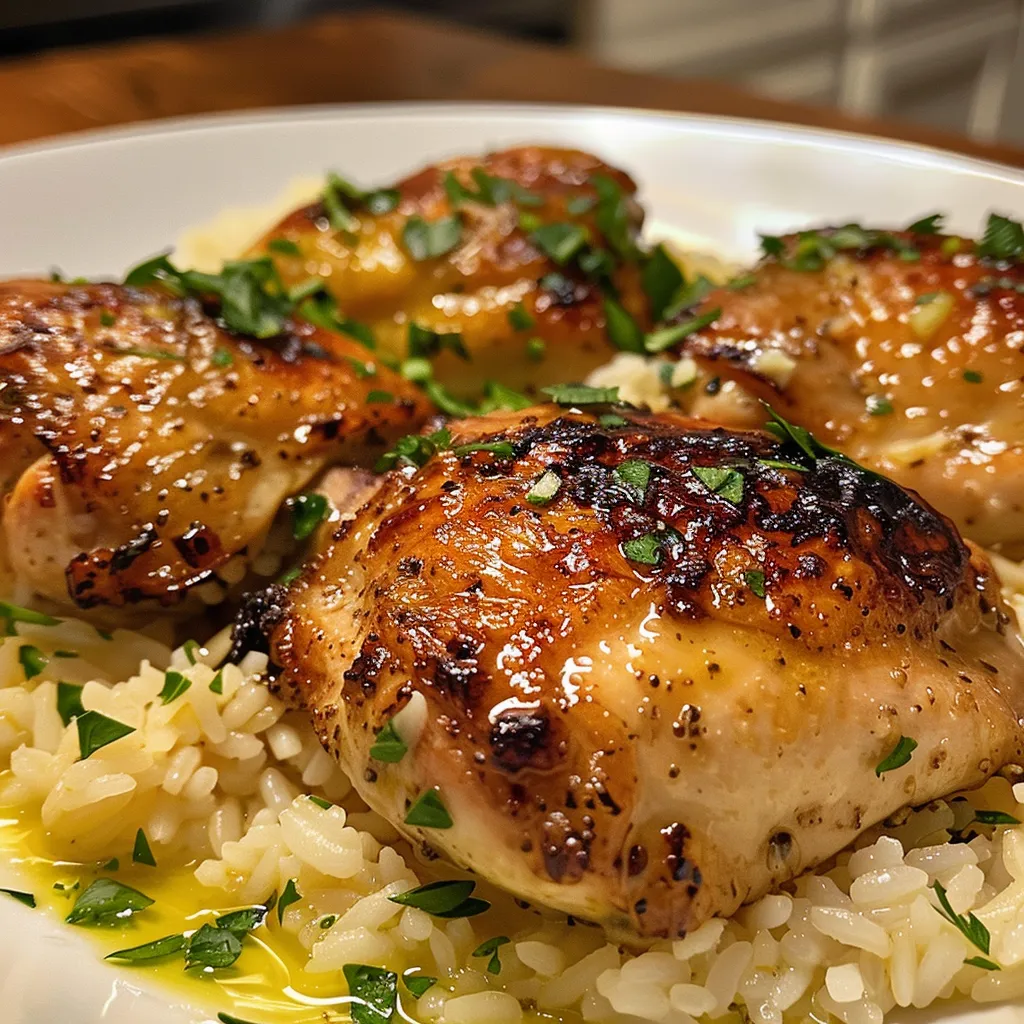 Tender chicken thighs with herbs and spices, paired with white rice in the background.