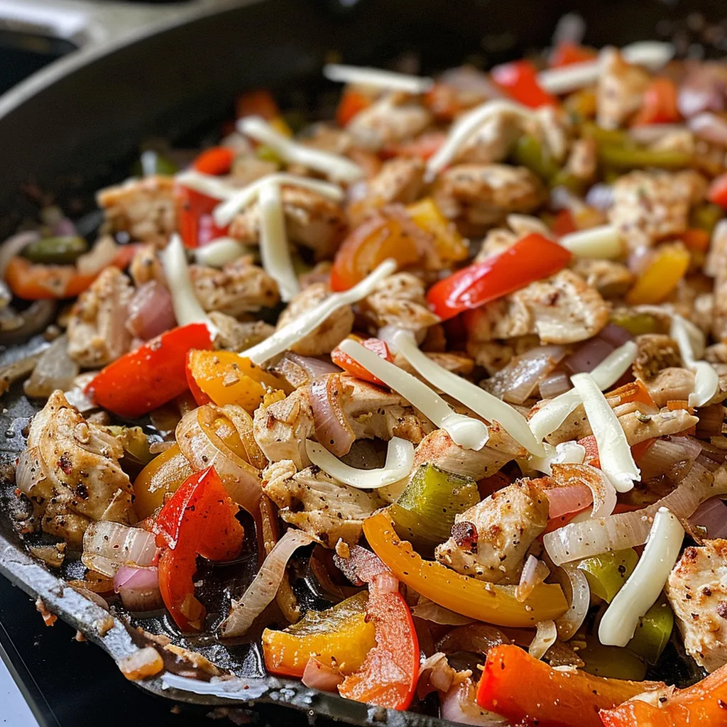 Side view of a delicious Chicken Cheesesteak Skillet showcasing its colorful ingredients and texture.