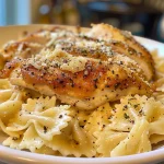 Detailed view of Chicken Garlic Parmesan Pasta, showcasing the chicken and parmesan cheese.