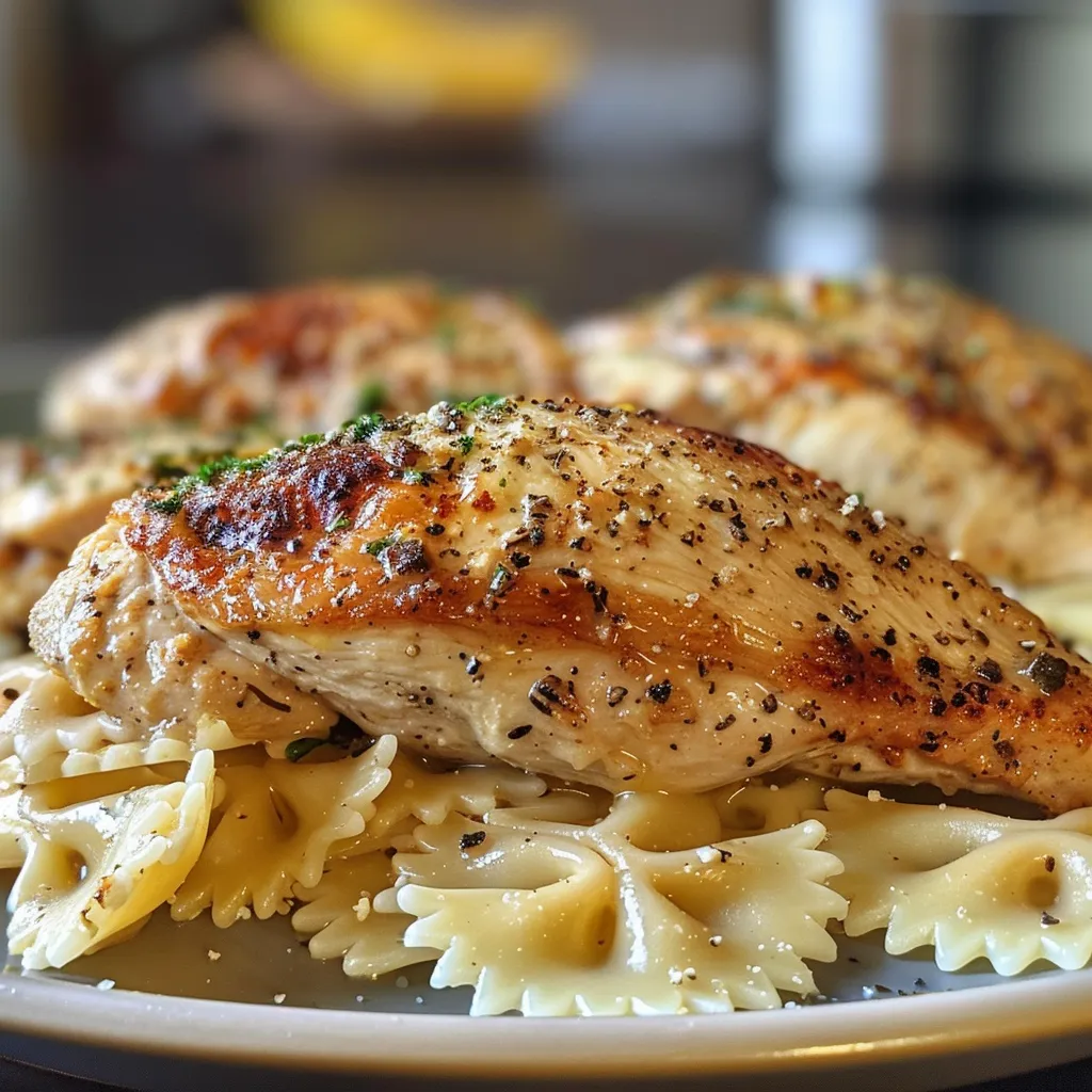 A vibrant plate of Chicken Garlic Parmesan Pasta, garnished with fresh herbs.
