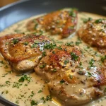 Side view of tender chicken breasts coated in velvety cream sauce, accented by chopped parsley.