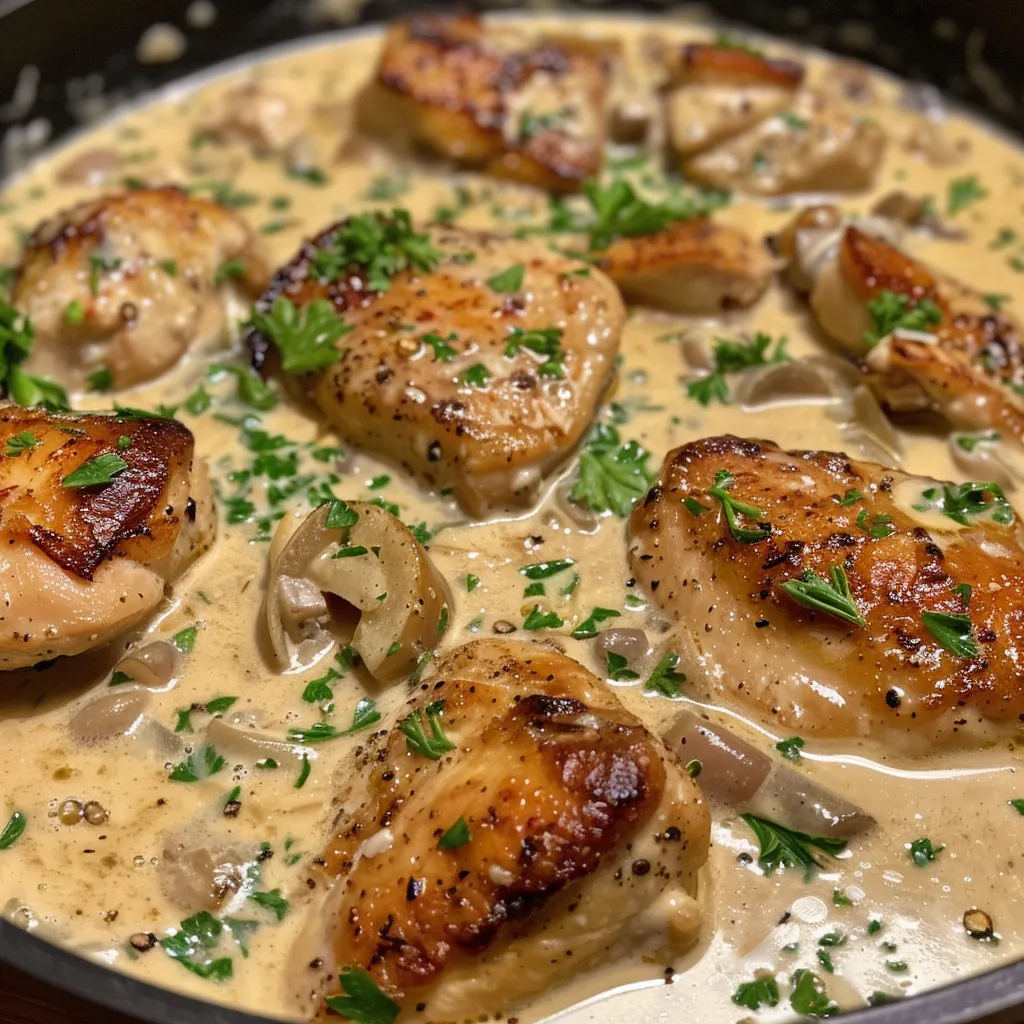 Creamy chicken dish with a rich texture, featuring garlic and onion, served elegantly.