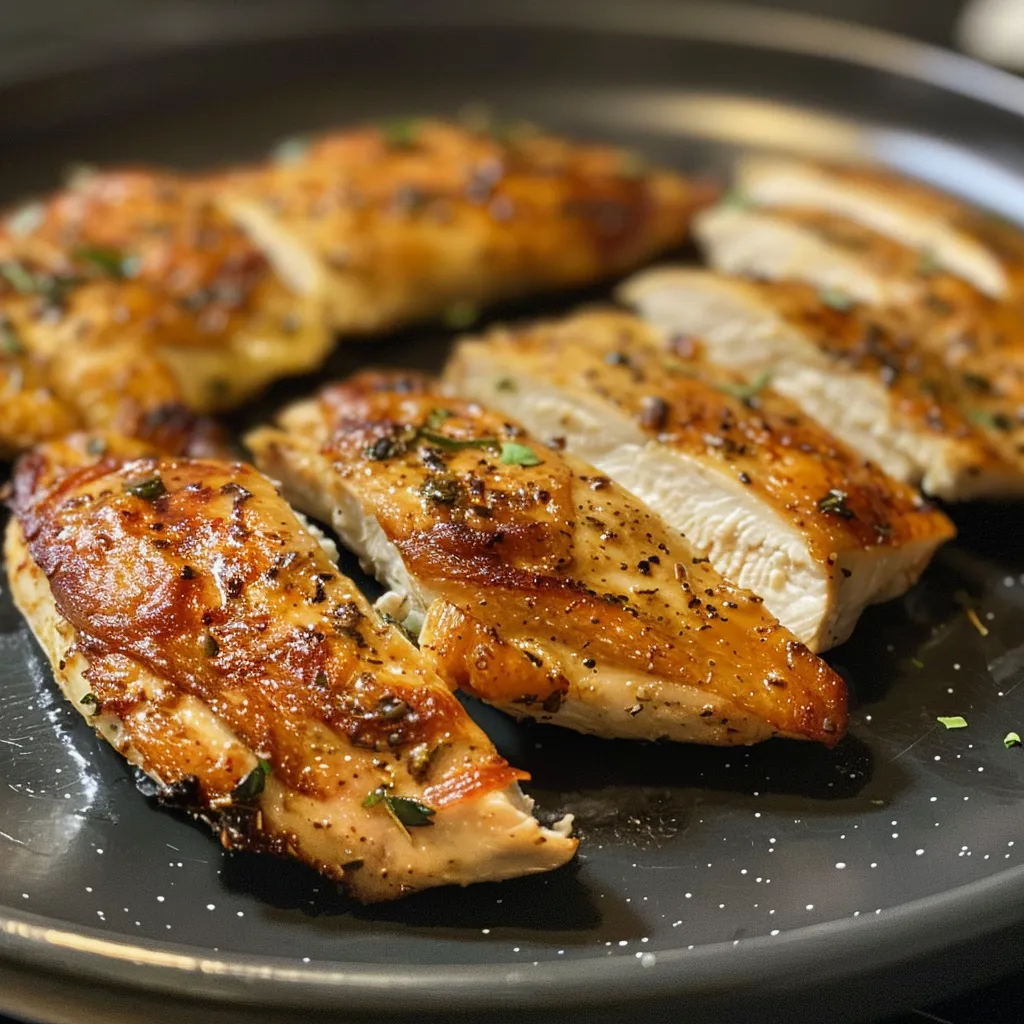 Appetizing close-up of tender chicken served with sides.