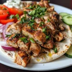 Mouthwatering Chicken Shawarma drizzled with creamy garlic sauce on a plate.