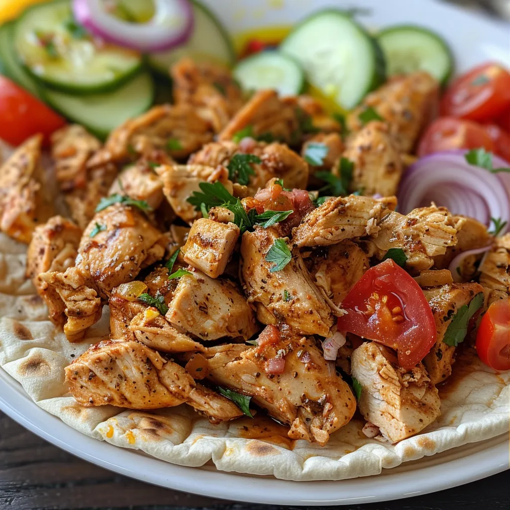 Succulent Chicken Shawarma served with pita, sliced veggies, and rich sauce.