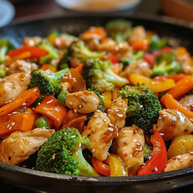 Side view of a plate showcasing stir-fried chicken with mixed vegetables and garnish.