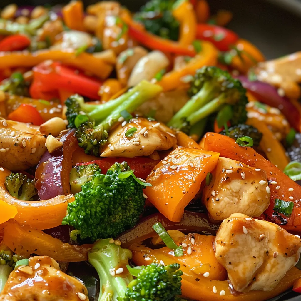 Delicious looking chicken stir fry with broccoli, carrots, and bell peppers on a white plate.