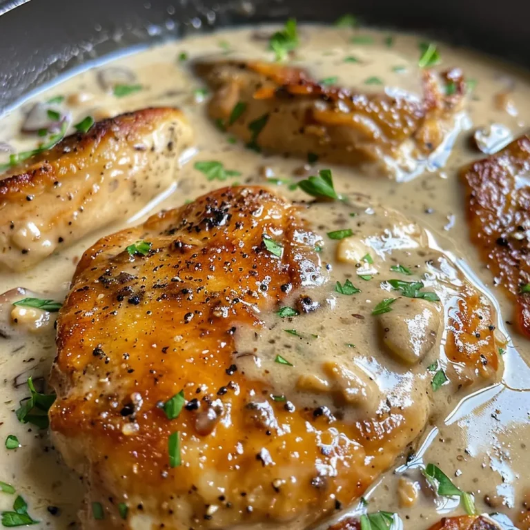 Side view of tender chicken drizzled with creamy soup, showcasing texture.