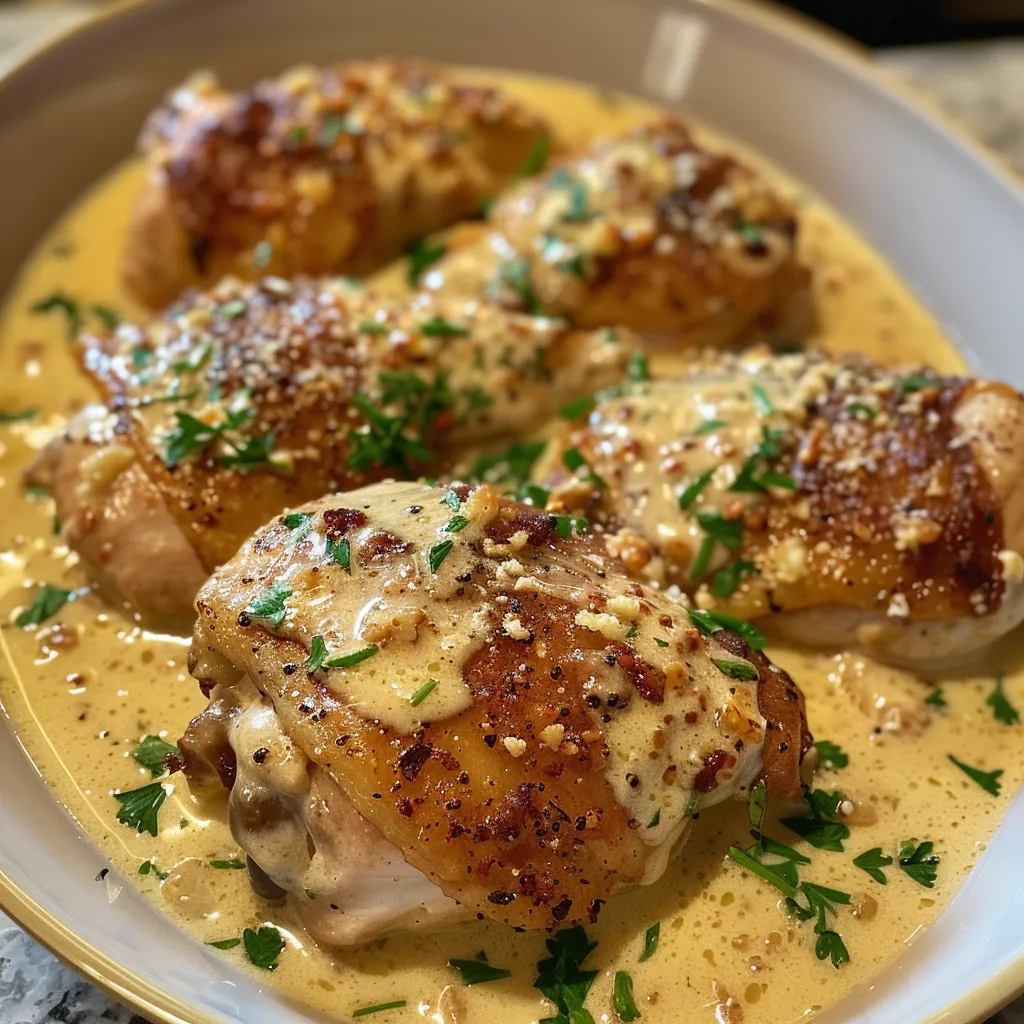 A plate of chicken in thick cream sauce, highlighting ingredients and garnishes.