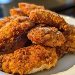 Crispy chicken tenderloins coated in a golden batter, resting on a wooden surface.