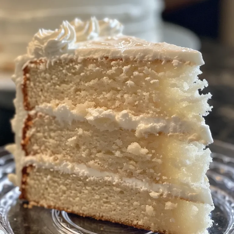 Side profile of a moist white cake, highlighting its fluffy texture and decoration.