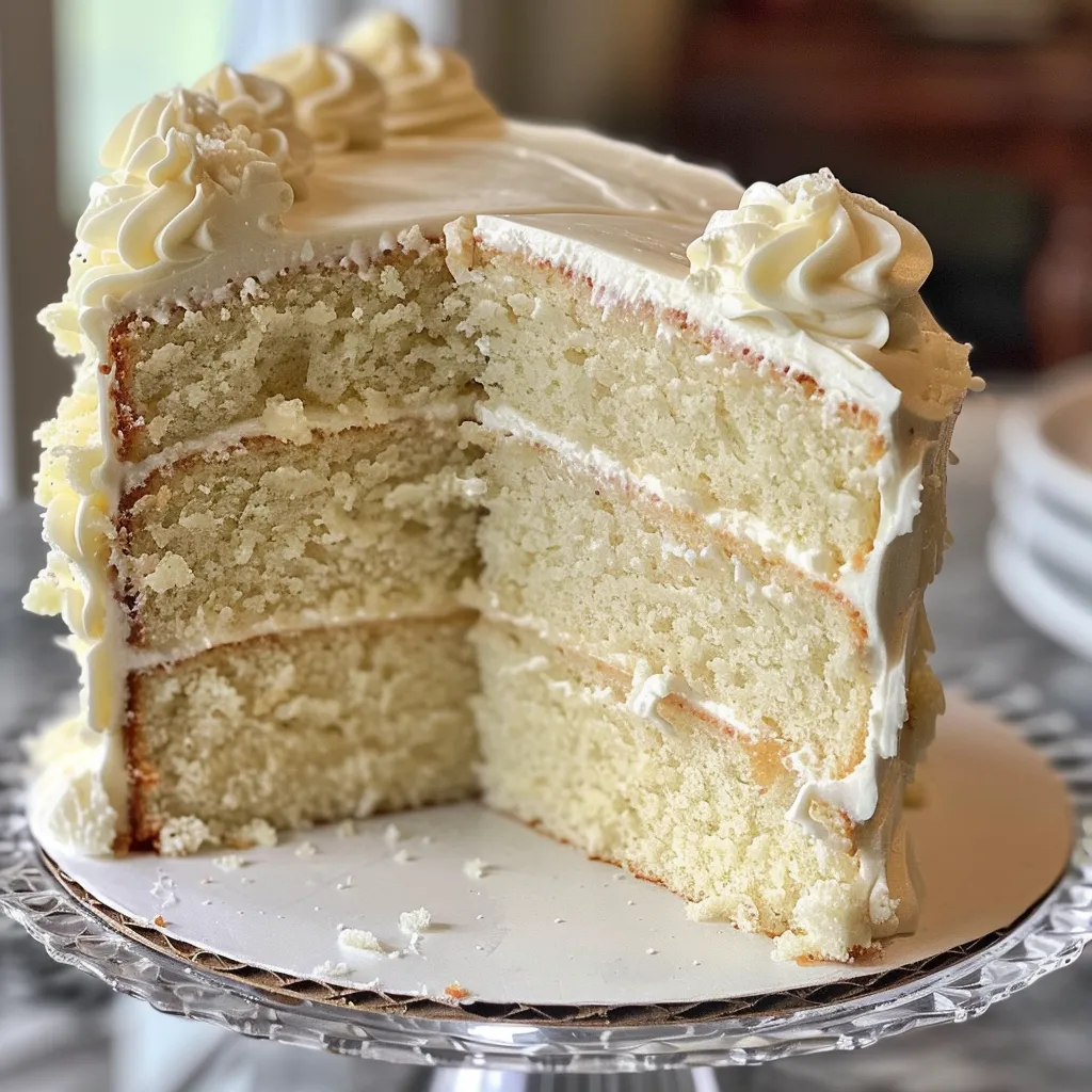 Delicious classic white cake with a glossy finish, viewed from the side.