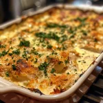 Juicy chicken casserole presented in a rustic dish, topped with breadcrumbs and herbs.