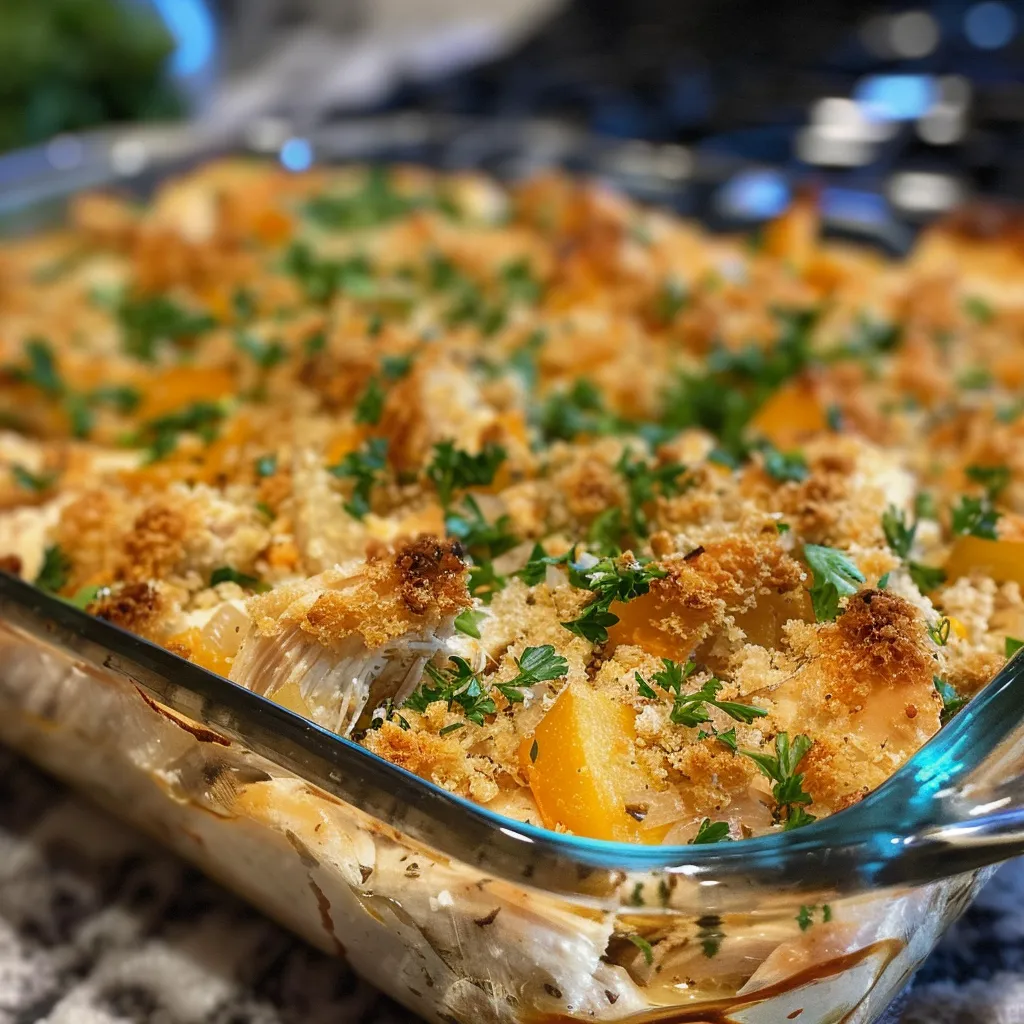Comforting chicken casserole filled with tender chicken and vibrant vegetables, ready to serve.