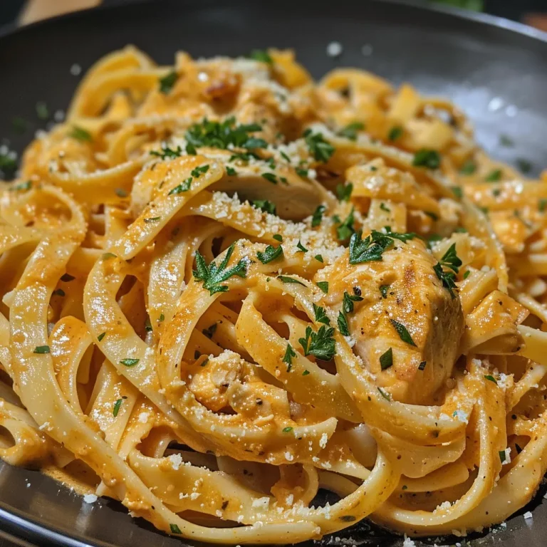 Side view of a plate of Cowboy Butter Chicken Linguine, garnished with parsley and Parmesan.