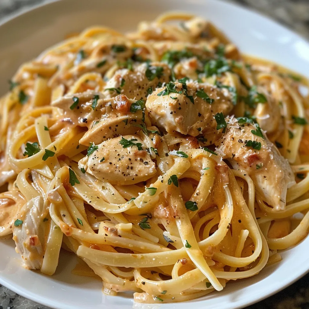 Detailed shot of Cowboy Butter Chicken Linguine with vibrant colors and rich sauce.