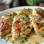 Delicious creamy chicken breast served on a plate, showcasing a smooth cream sauce.