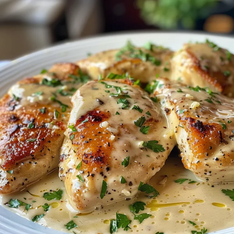 Delicious creamy chicken breast served on a plate, showcasing a smooth cream sauce.
