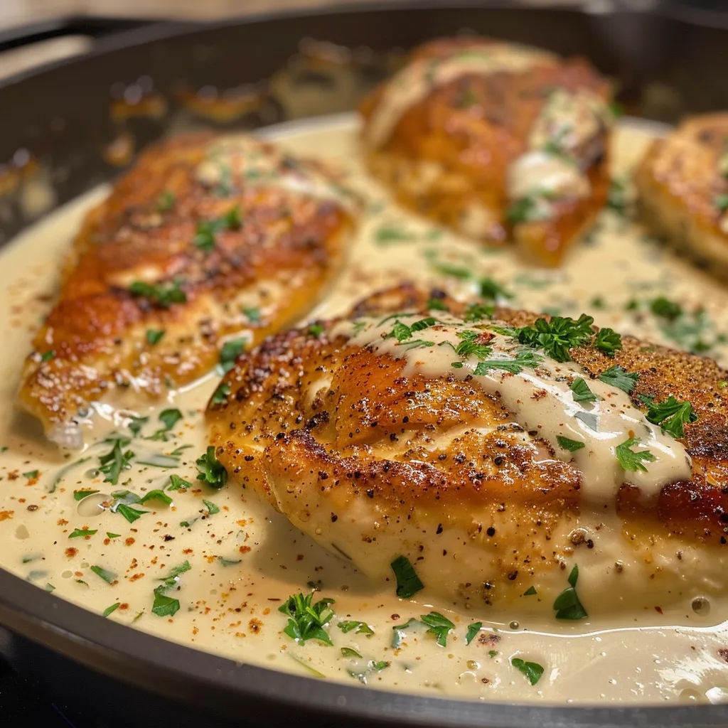 Colorful plate featuring chicken breast with creamy sauce and visible garlic cloves.
