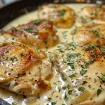 Side view of a plate featuring tender garlic chicken with a rich sauce.