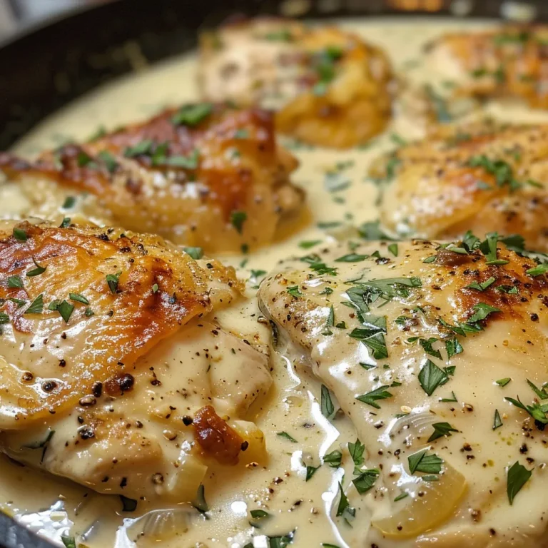 Creamy Garlic Chicken dish with a smooth, thick sauce, garnished elegantly.