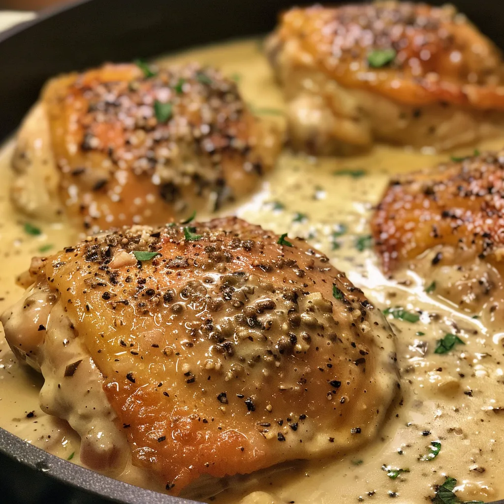 Delicious creamy garlic chicken in a skillet, showcasing its rich texture.