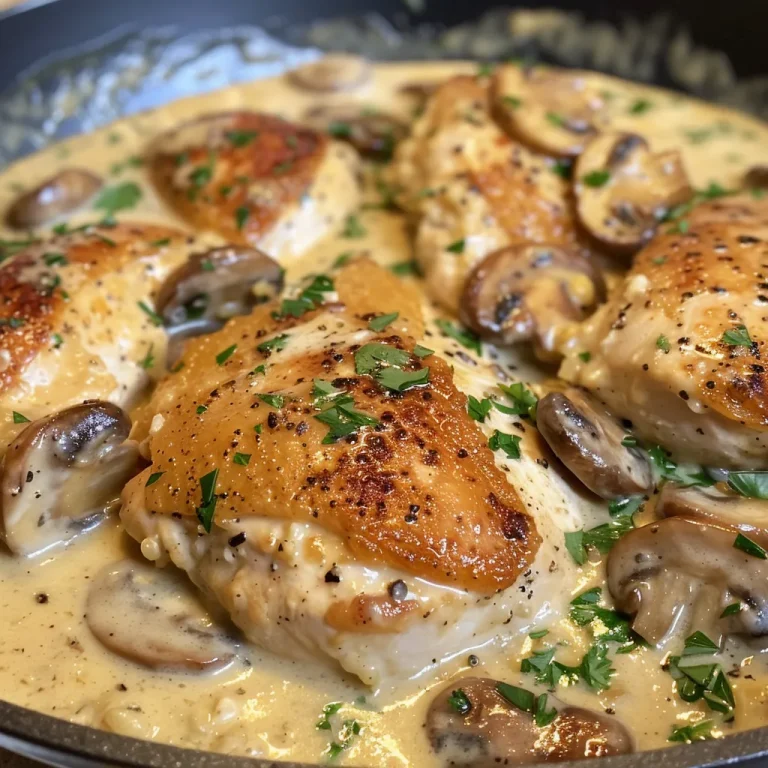 Detailed view of succulent creamy garlic mushroom chicken topped with fresh parsley.