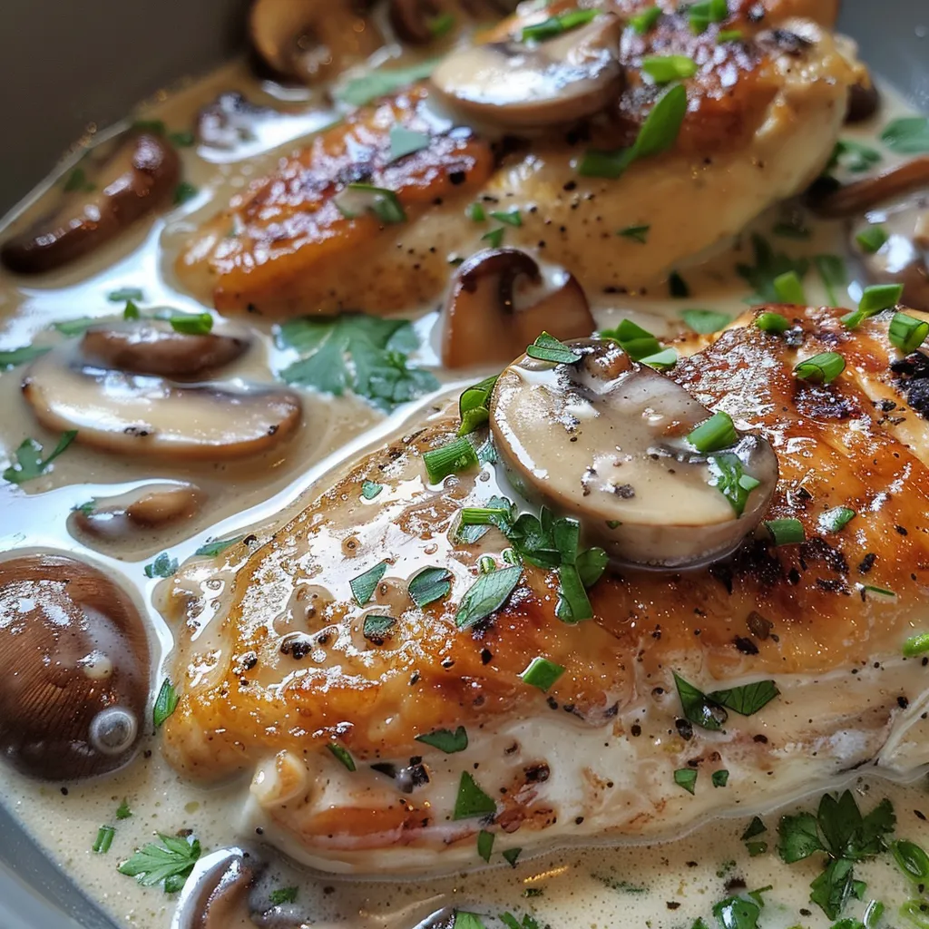 Plate of creamy garlic mushroom chicken showcasing tender chicken and sliced mushrooms.