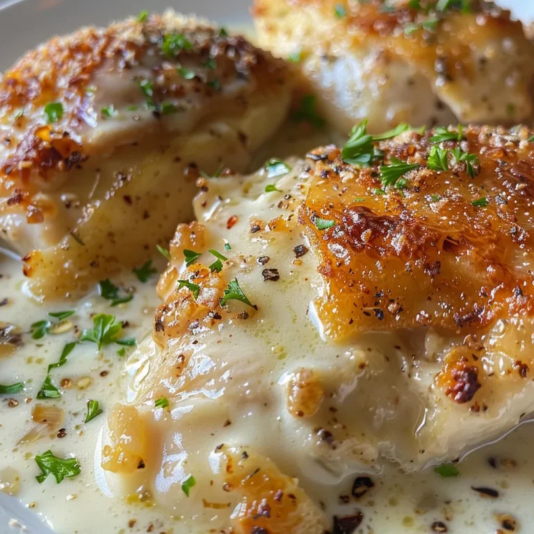 Side view of a beautifully plated Creamy Garlic Parmesan Chicken Breast.