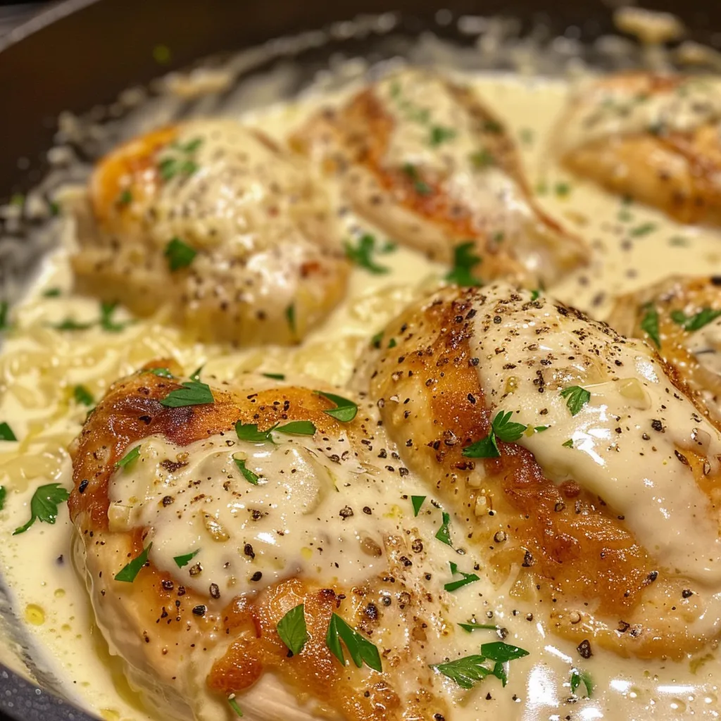 Tender chicken breast drizzled with rich garlic Parmesan sauce on a plate.