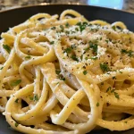 Juicy creamy pasta dish, featuring spaghetti coated in a rich garlic sauce.