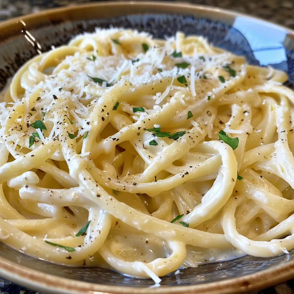 Detailed shot of creamy garlic pasta, highlighting the freshness of the ingredients.