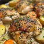Detailed shot of creamy herb chicken accompanied by smooth mashed potatoes and bright orange glazed carrots.
